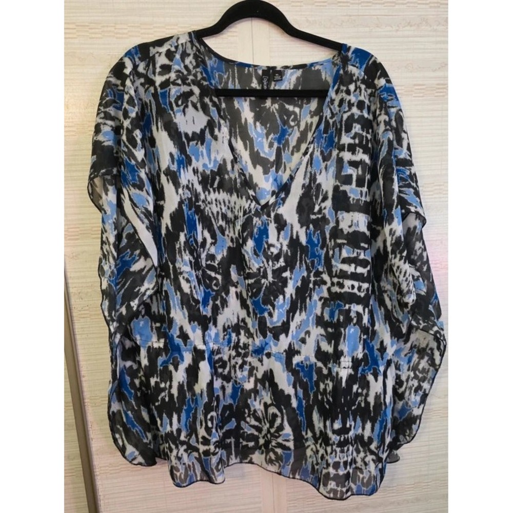Relativity XL Sheer Oversized Flutter Sleeve V-Neck Abstract Top Blue Black